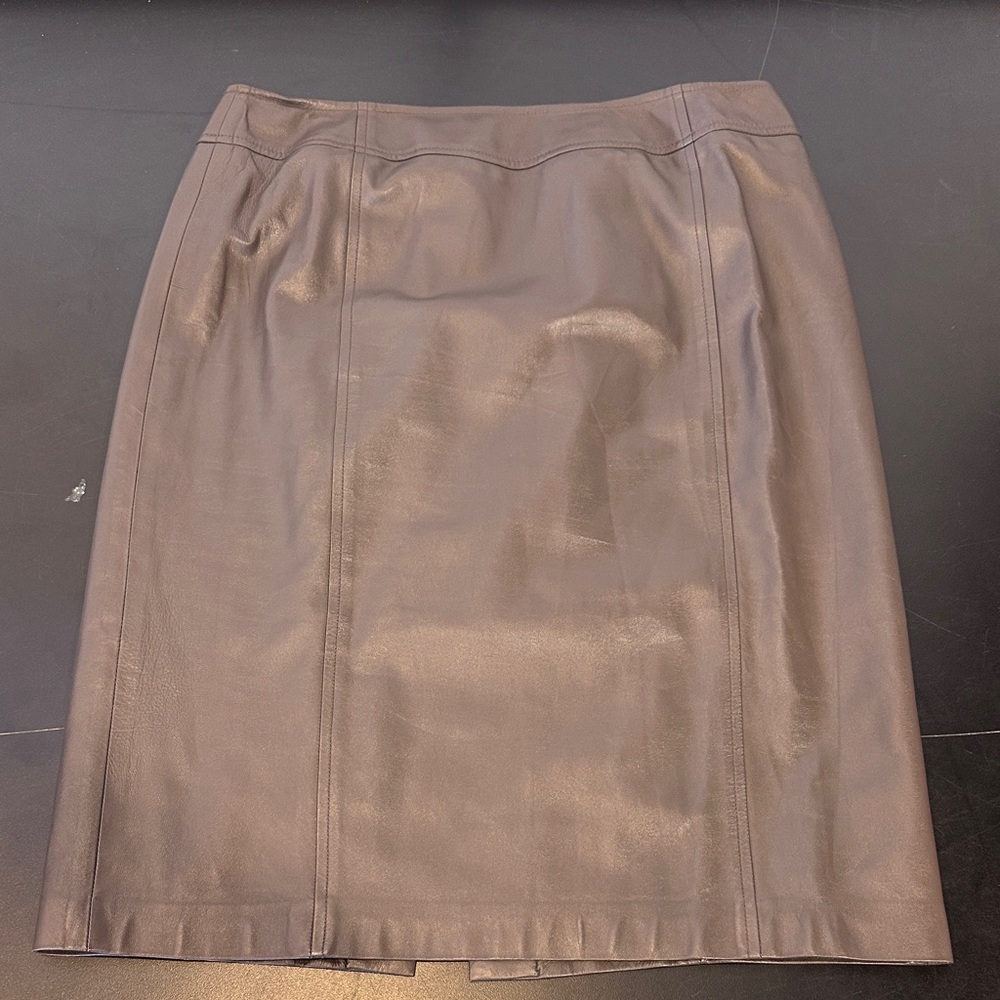 Linda Allard Ellen Tracy Leather Skirt Size 6 Brown Metallic Midi Pencil Vent